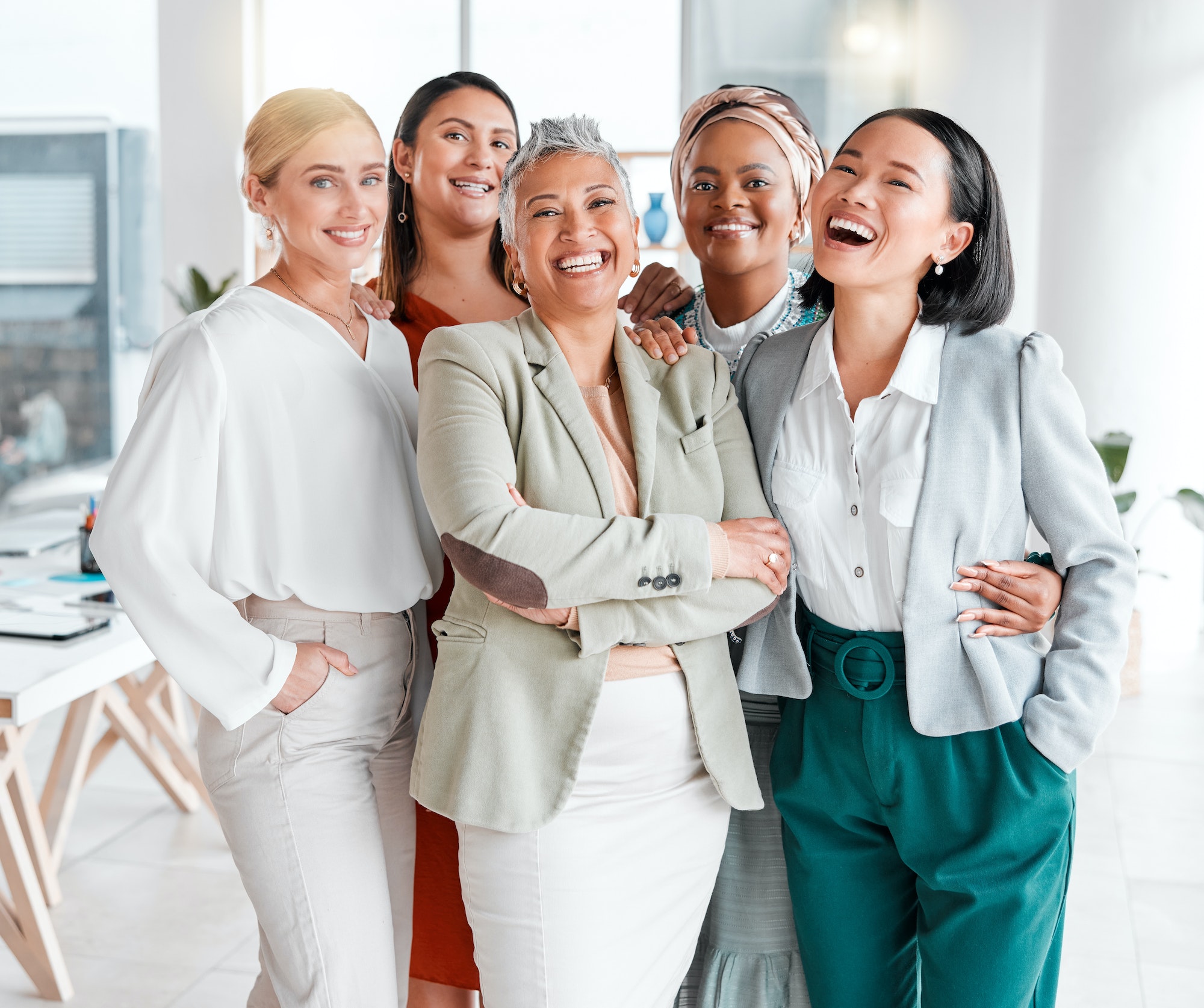 Diversity, portrait and professional women with teamwork, global success and group empowerment in o